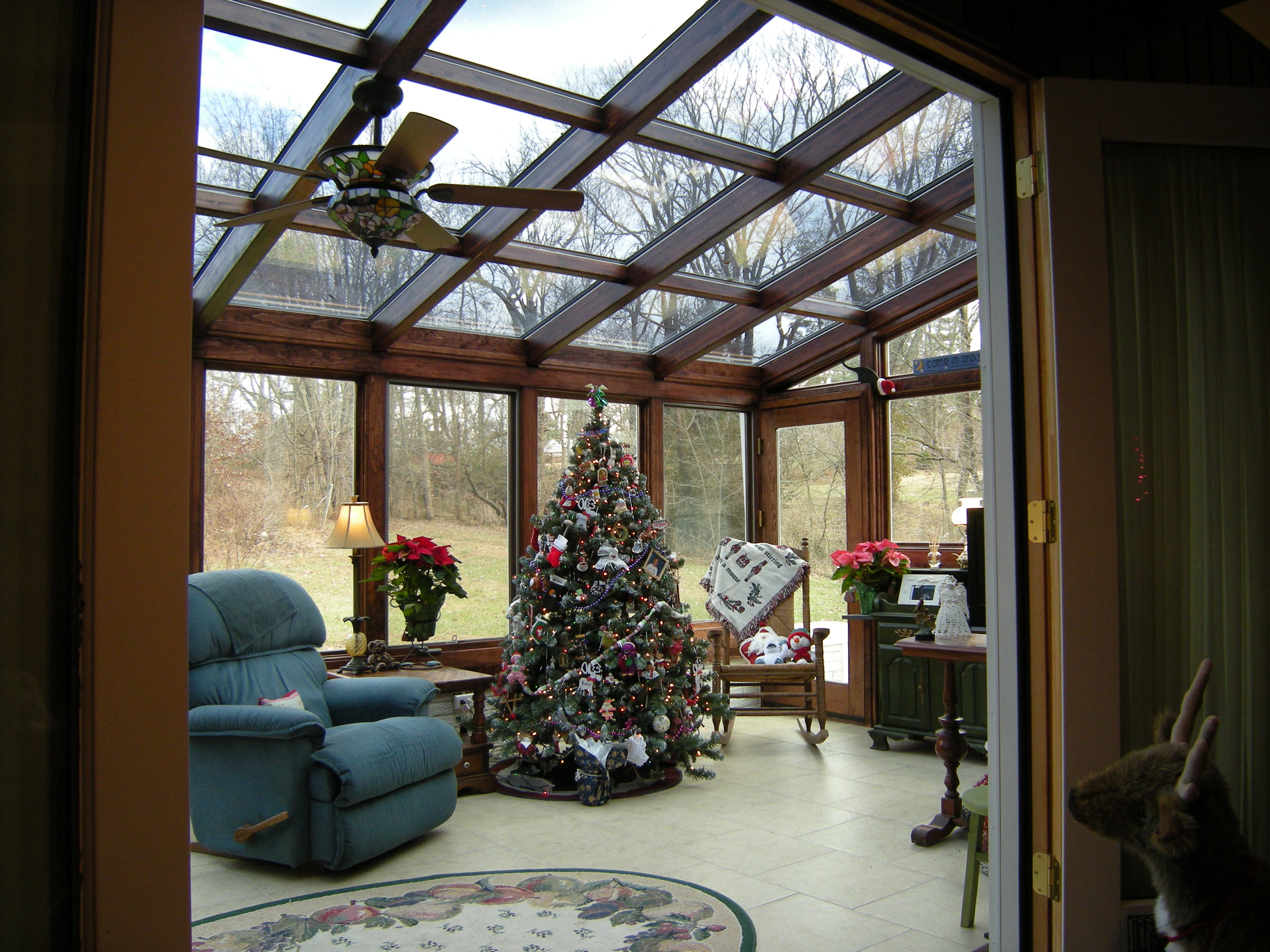 Straight Eave Wood Glass Roof Design with Glass trapezoids and swing door