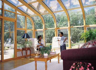 Curved Eave Wood Glass Roof Design Northern white pine interior with sliding doors and awning windows